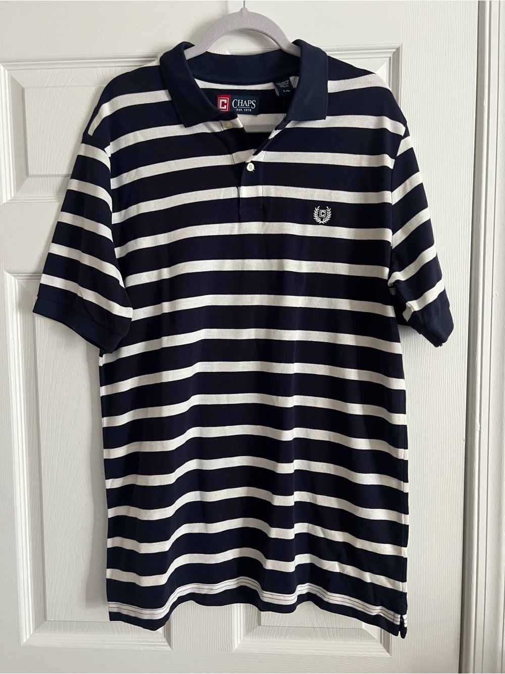 Chaps Men’s Navy and White Striped Polo